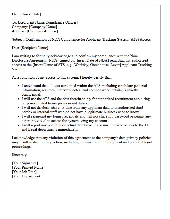 Applicant Tracking System Access NDA Compliance Letter