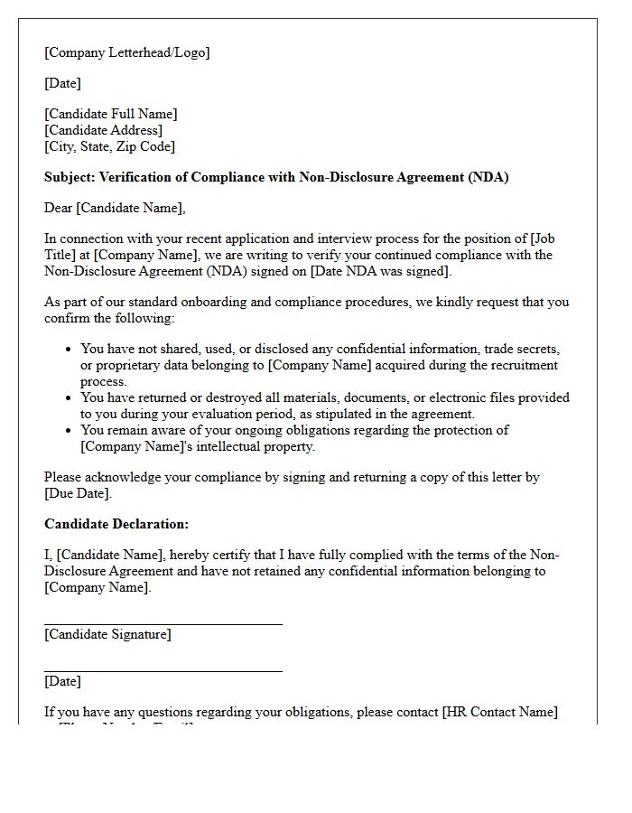 Candidate Non-Disclosure Agreement Compliance Verification Letter