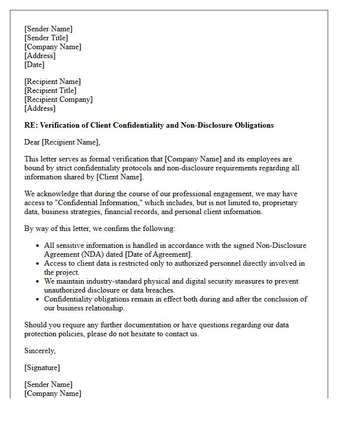 Client Confidentiality and Non-Disclosure Verification Letter