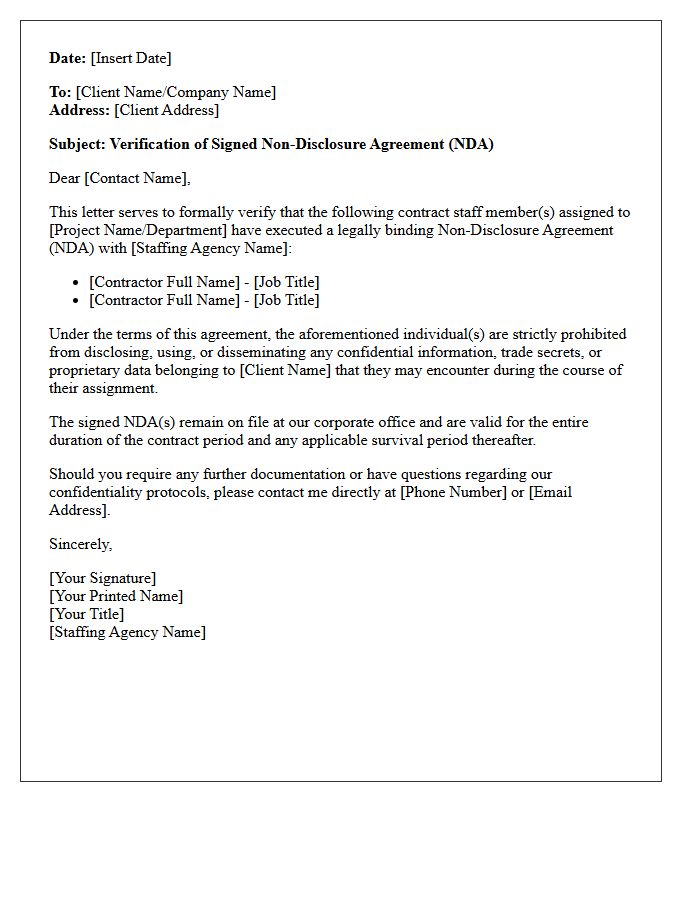 Contract Staffing Non-Disclosure Agreement Verification Letter