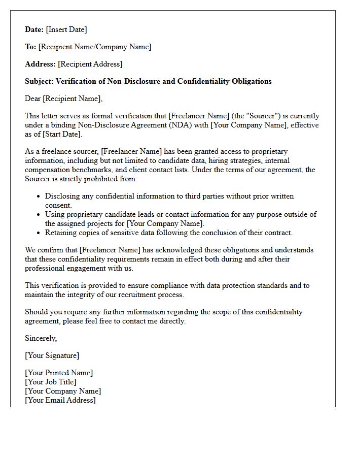 Freelance Sourcer Non-Disclosure Verification Letter