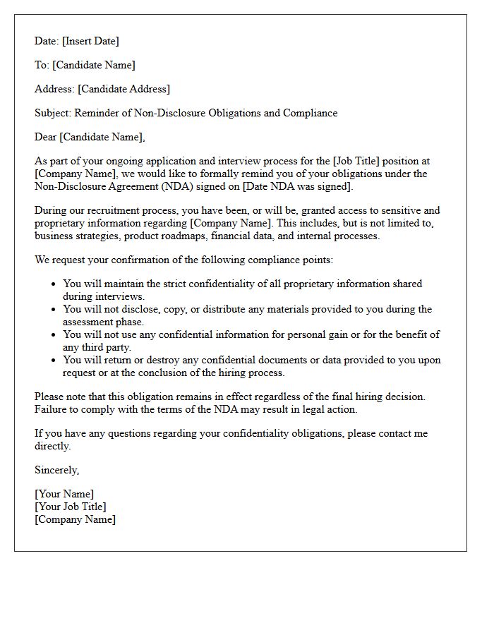 Internal Recruiter Non-Disclosure Agreement Compliance Letter