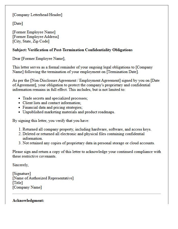 Post-Termination Confidentiality and NDA Verification Letter
