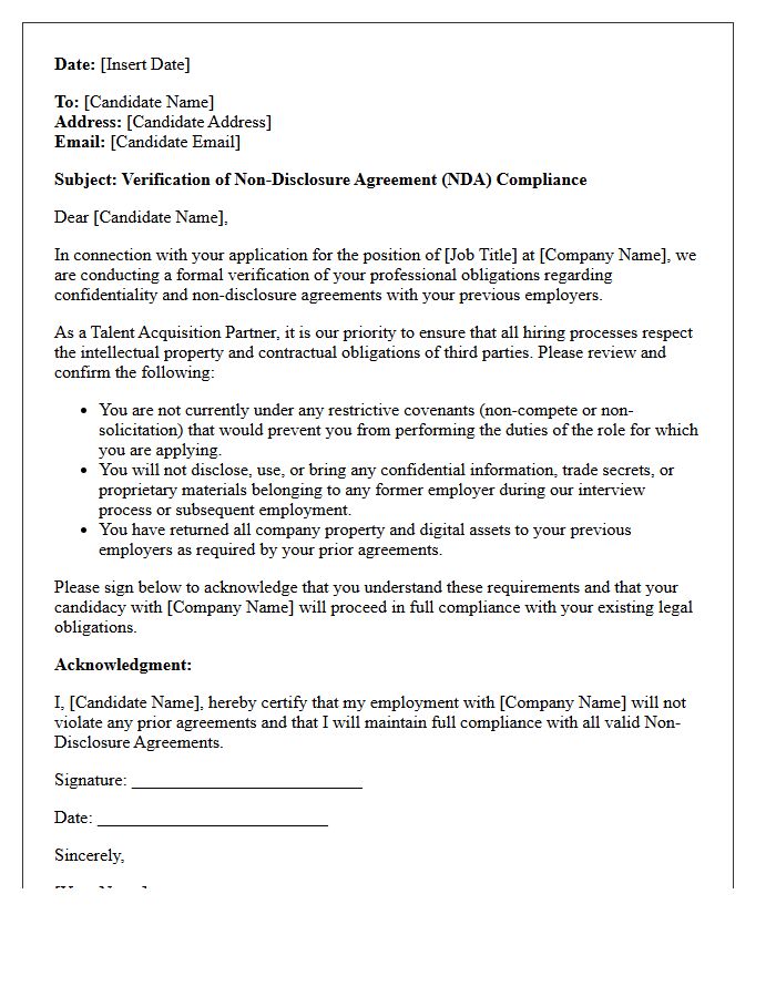 Talent Acquisition Partner NDA Compliance Verification Letter