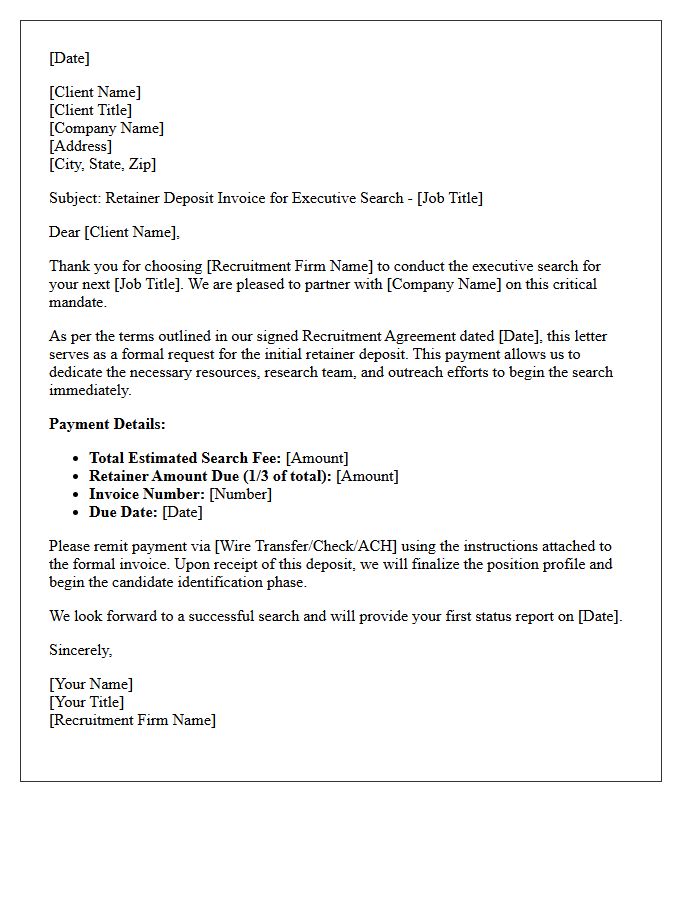 Executive Recruitment Retainer Deposit Letter