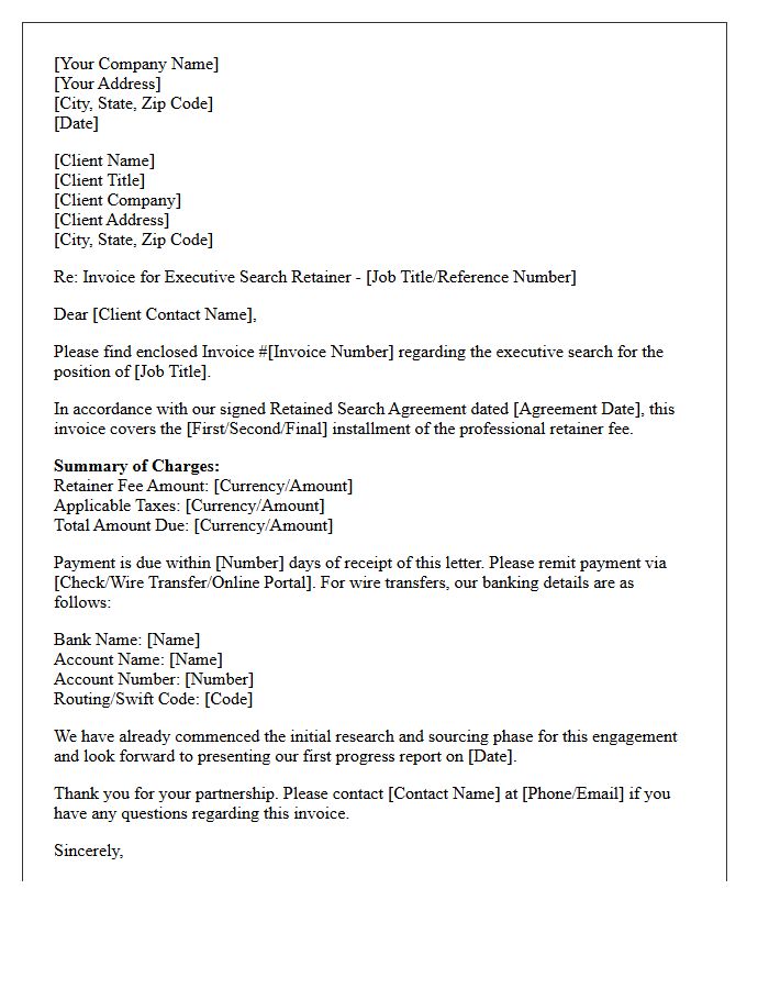Executive Search Retainer Fee Invoice Letter