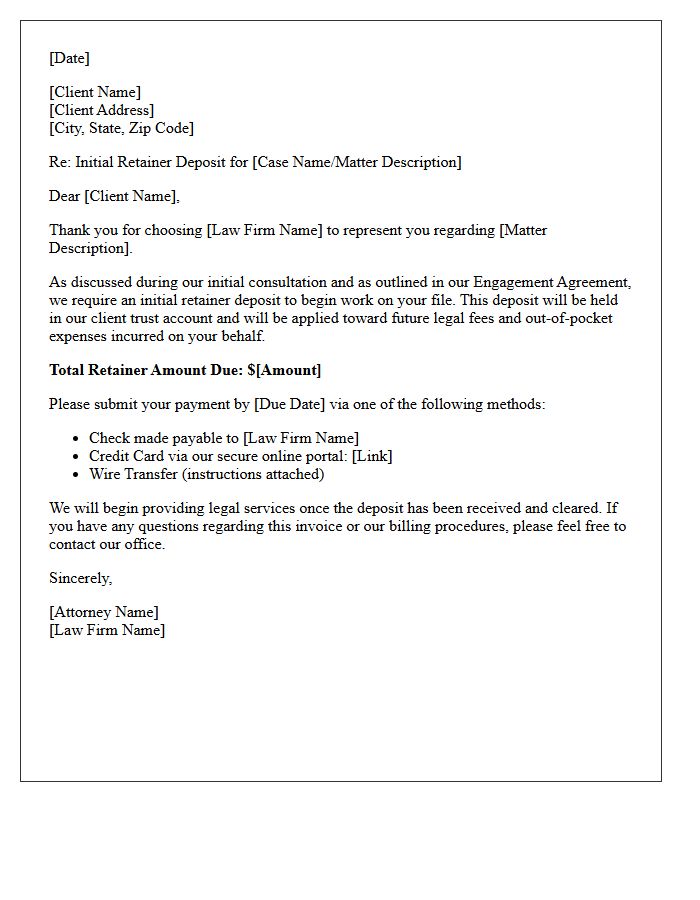 Initial Retainer Deposit Billing Letter