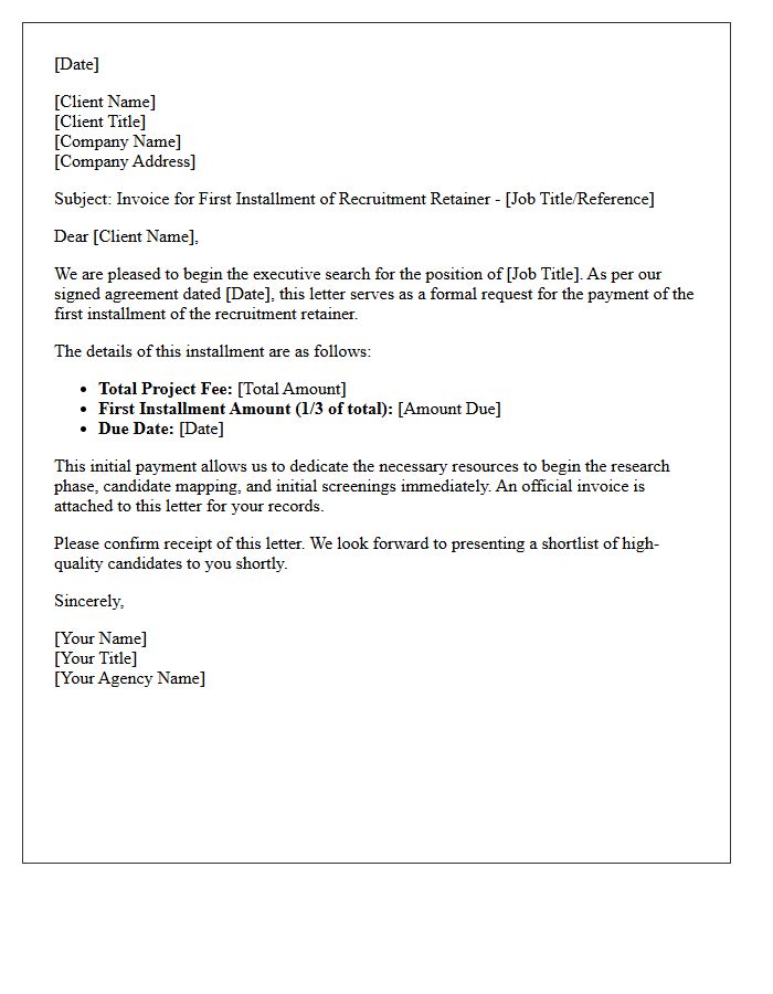 Recruitment Retainer First Installment Letter