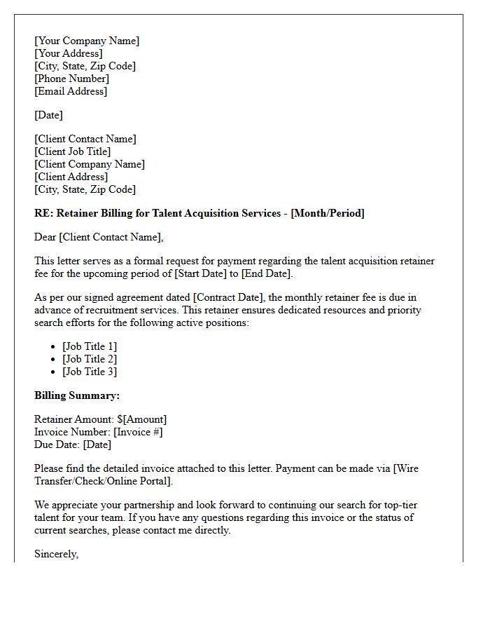Talent Acquisition Retainer Billing Letter