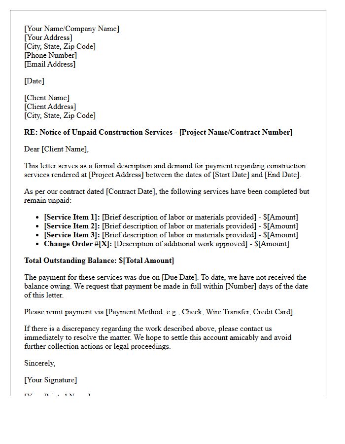 Description of Unpaid Construction Services in the Letter