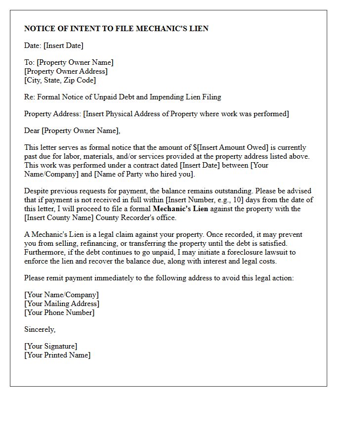 Explicit Warning of Mechanic's Lien Filing in the Letter