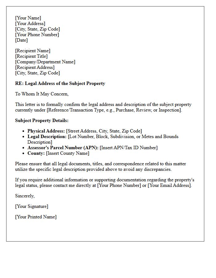 Legal Address of the Subject Property in the Letter