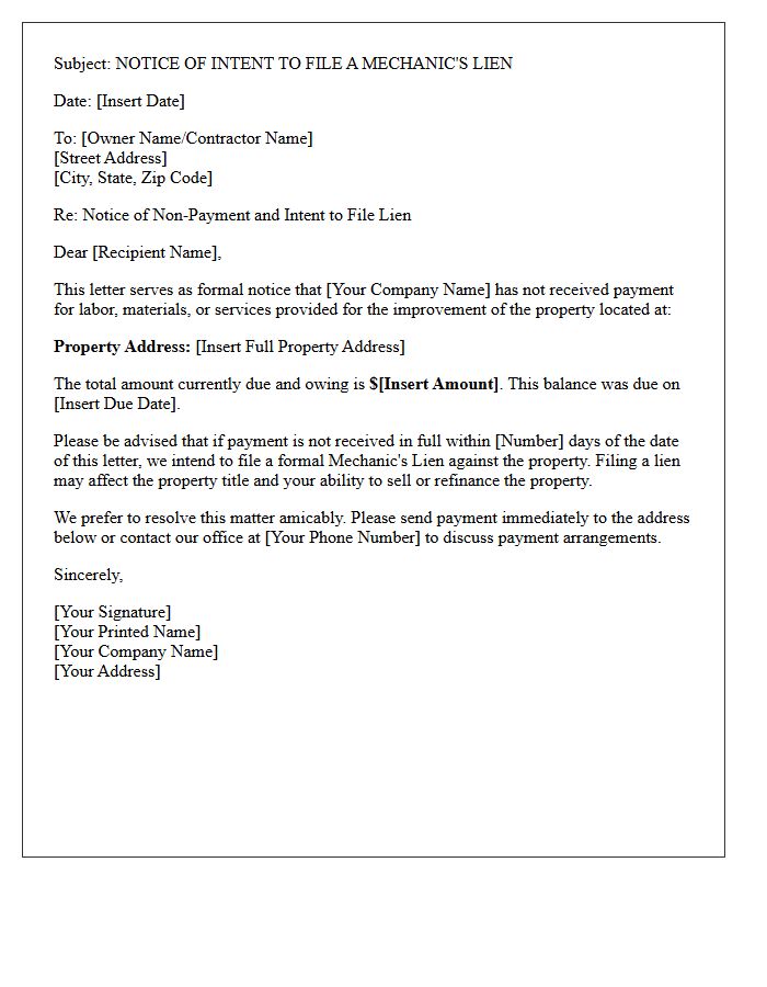 Subject Line Regarding the Mechanic's Lien Letter