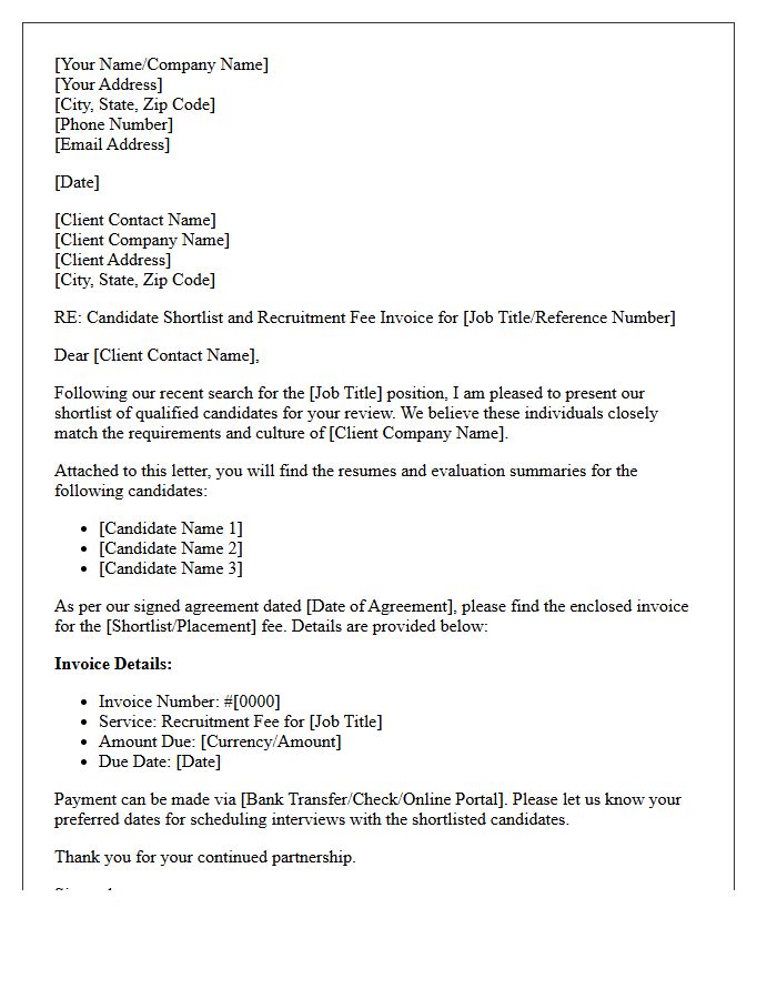 Candidate Shortlist Delivery and Fee Invoice Letter