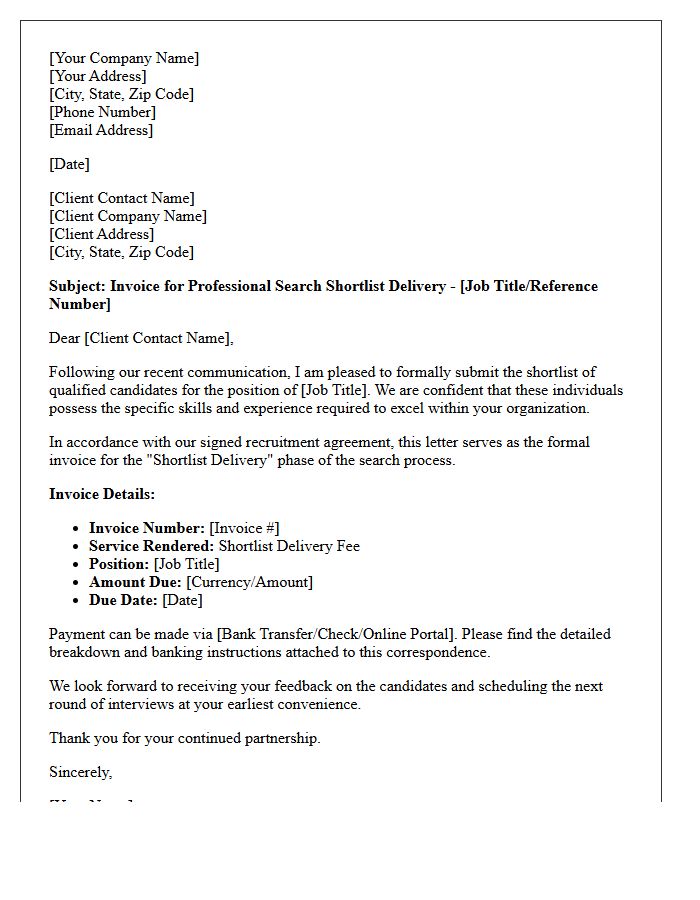 Professional Search Shortlist Delivery Invoice Letter