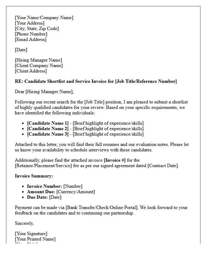 Qualified Candidate Shortlist Submission and Invoice Letter
