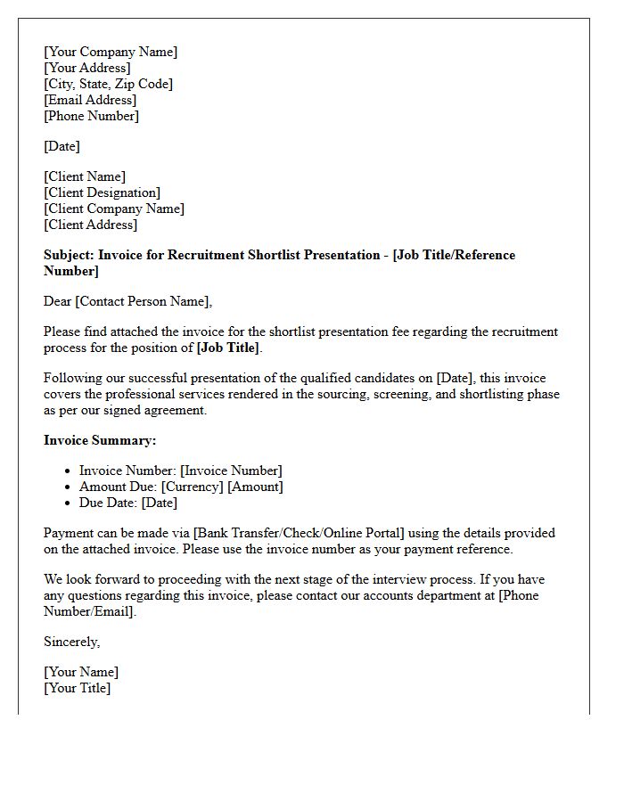 Recruitment Shortlist Presentation Fee Invoice Letter