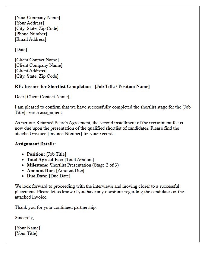 Retained Assignment Shortlist Completion Invoice Letter