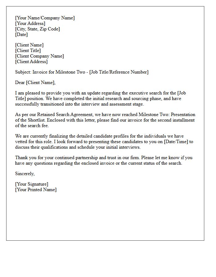 Retained Search Milestone Two Invoice Enclosure Letter