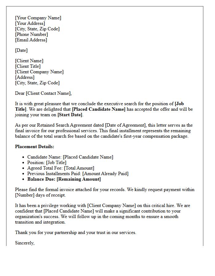 Final Fee Invoice Letter for Completed Retained Search