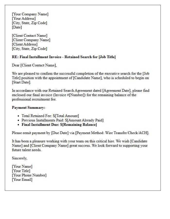 Final Installment Invoice Letter for Retained Search