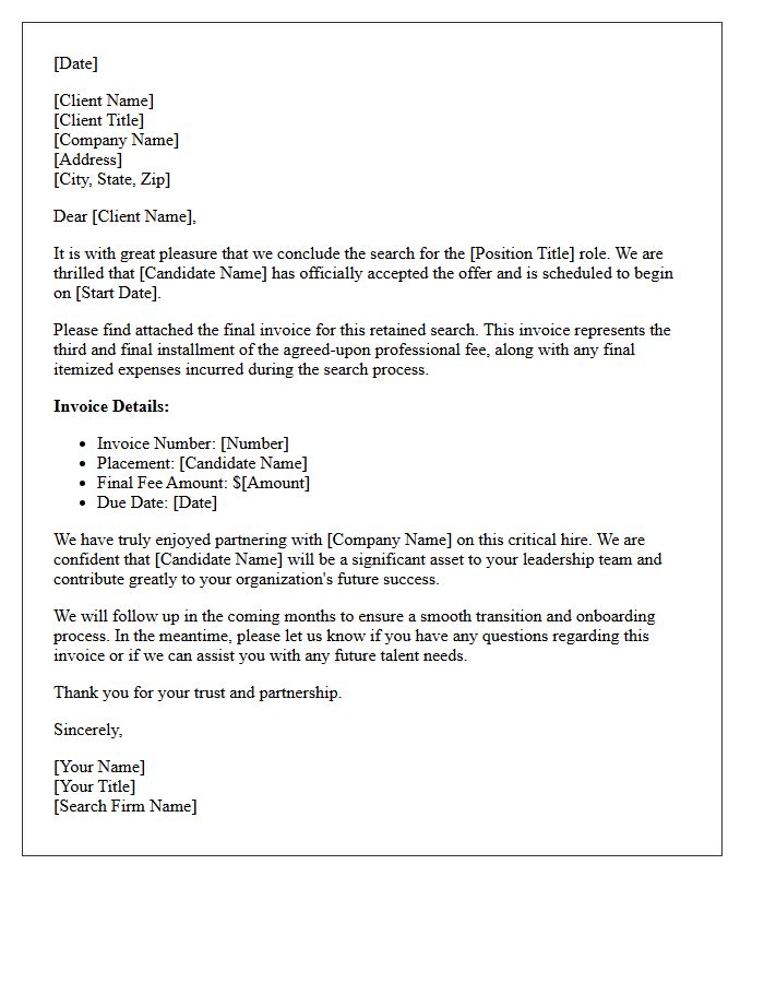 Final Invoice Letter for Successful Retained Search Completion