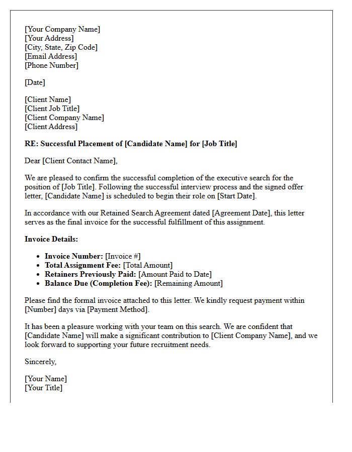 Retained Assignment Successful Fulfillment Invoice Letter