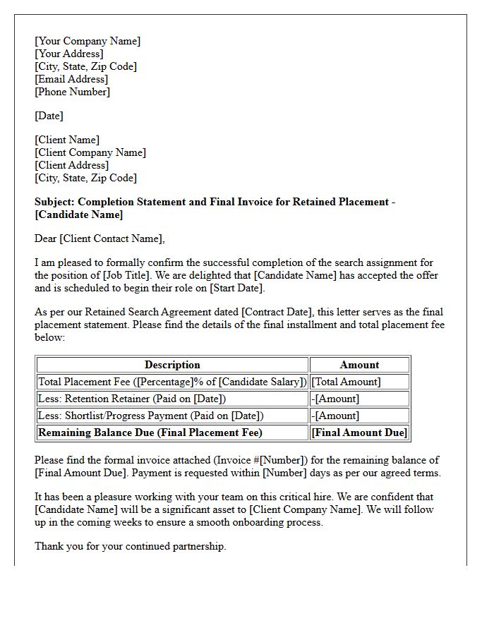 Retained Placement Completion Statement and Invoice Letter