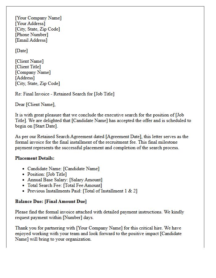 Retained Recruitment Search Successful Completion Invoice Letter
