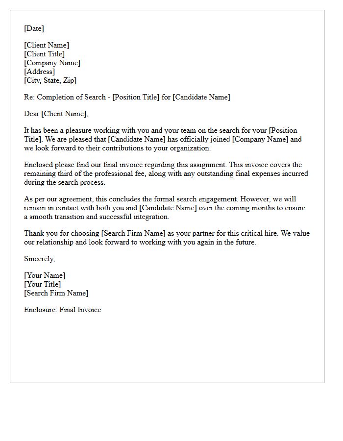 Retained Search Completion Final Invoice Enclosure Letter