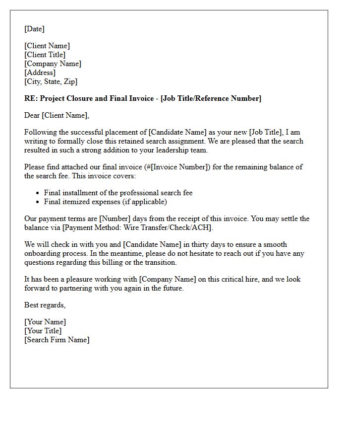Retained Search Project Closure and Invoice Letter
