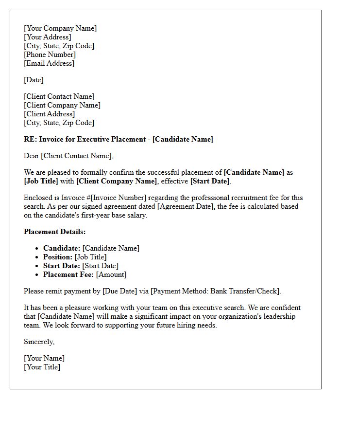 Successful Executive Placement Invoice Letter