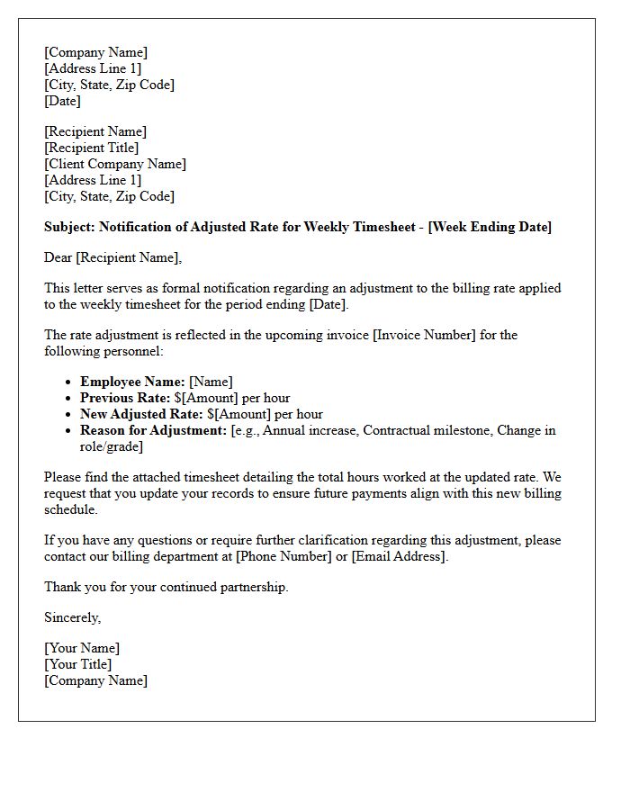 Adjusted Rate Weekly Timesheet Notification Billing Letter