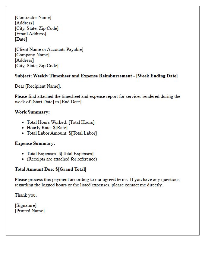 Contractor Expense And Weekly Timesheet Billing Letter