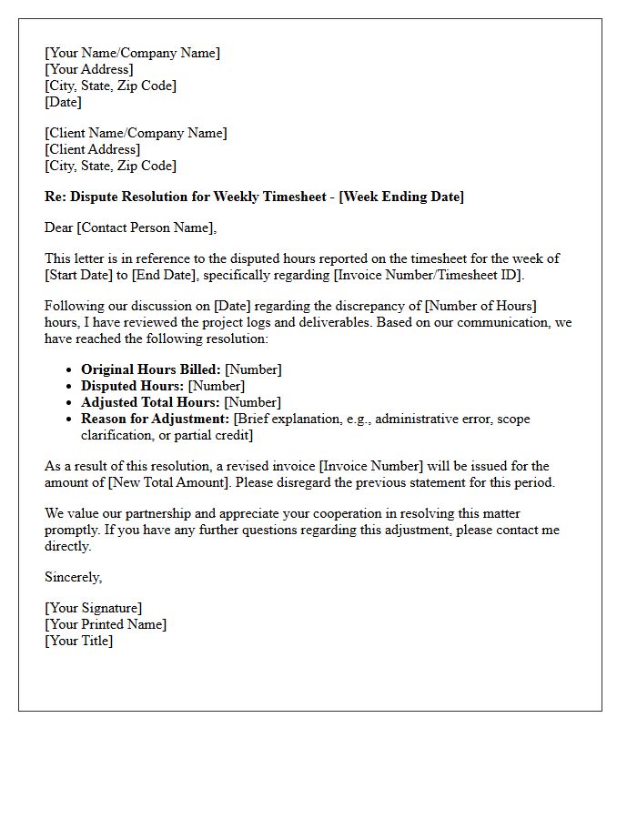 Disputed Hours Weekly Timesheet Resolution Billing Letter