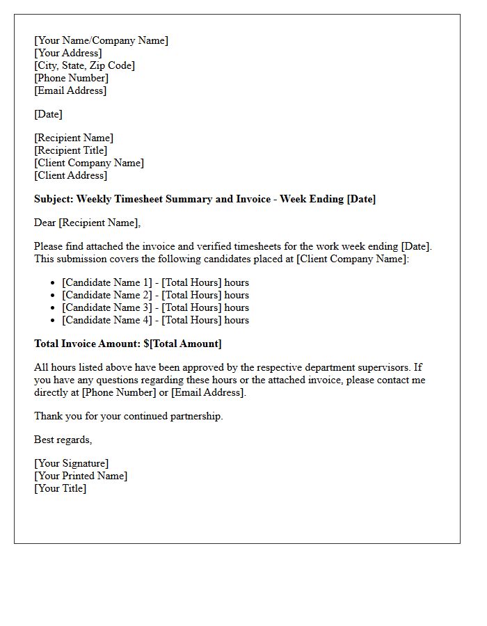 Multiple Candidate Weekly Timesheet Invoice Cover Letter
