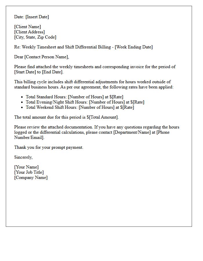 Shift Differential Weekly Timesheet Billing Letter