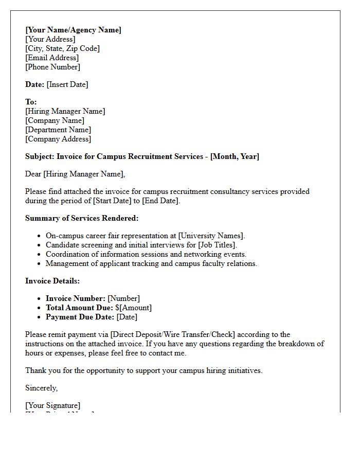 Campus Recruitment Contractor Monthly Services Invoice Letter