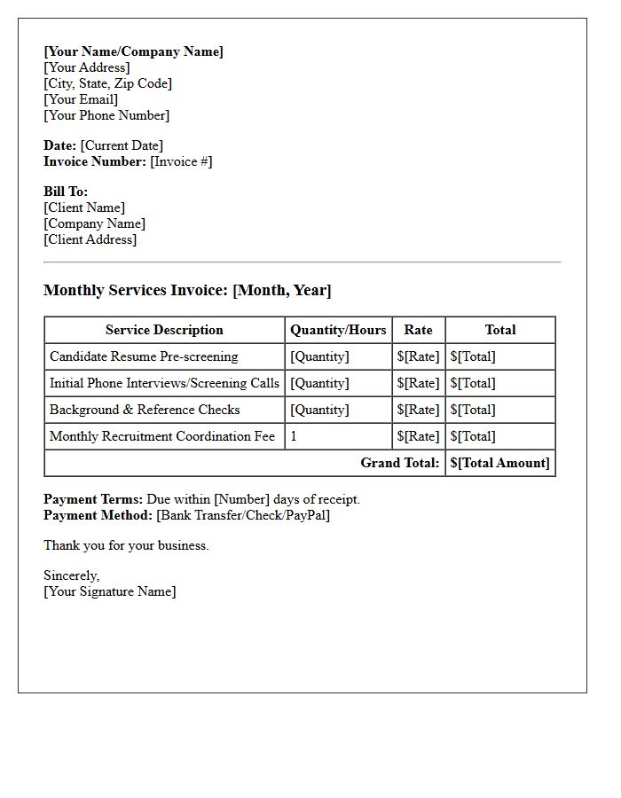 Candidate Screening Specialist Monthly Services Invoice Letter