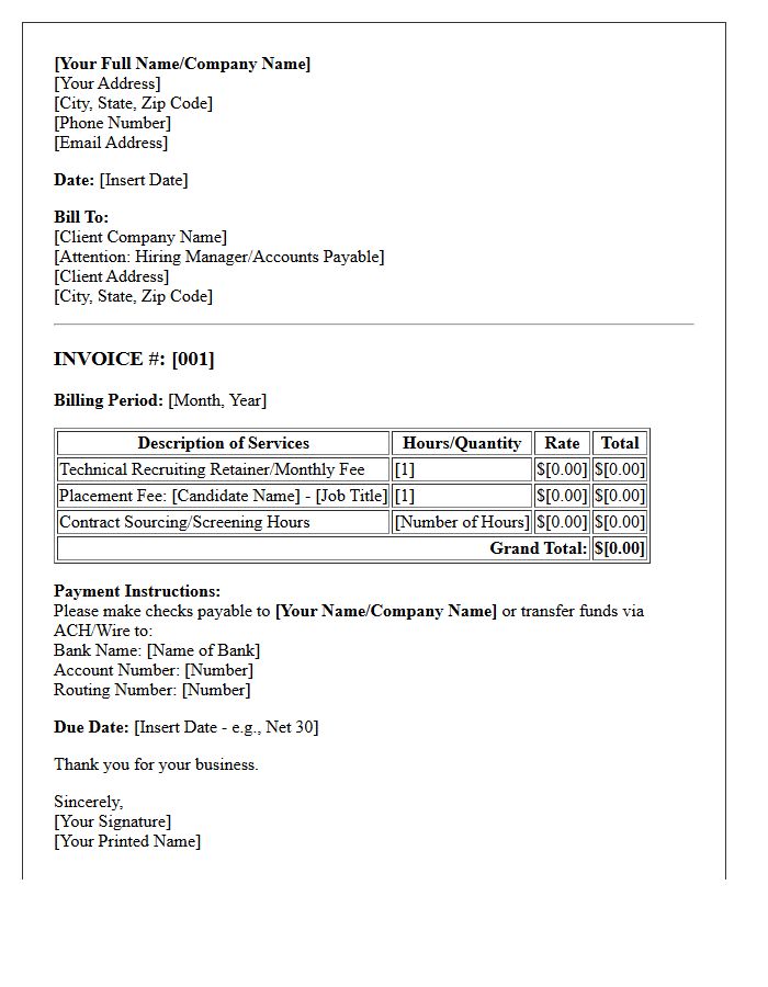 Contract Technical Recruiter Monthly Services Invoice Letter