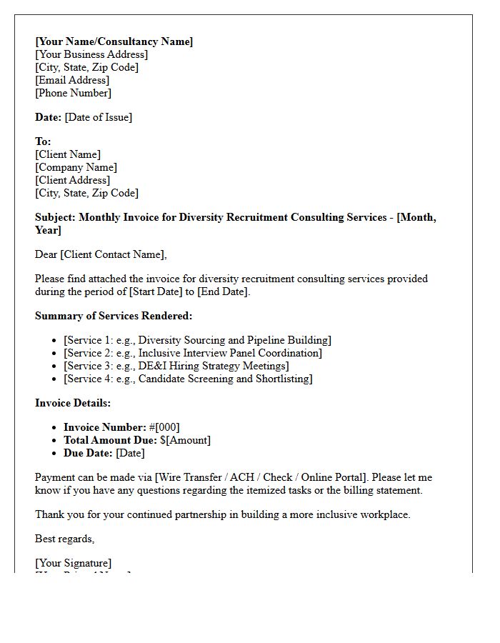 Diversity Recruitment Consultant Monthly Services Invoice Letter