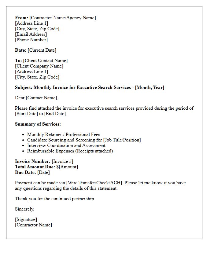 Executive Search Independent Contractor Monthly Services Invoice Letter