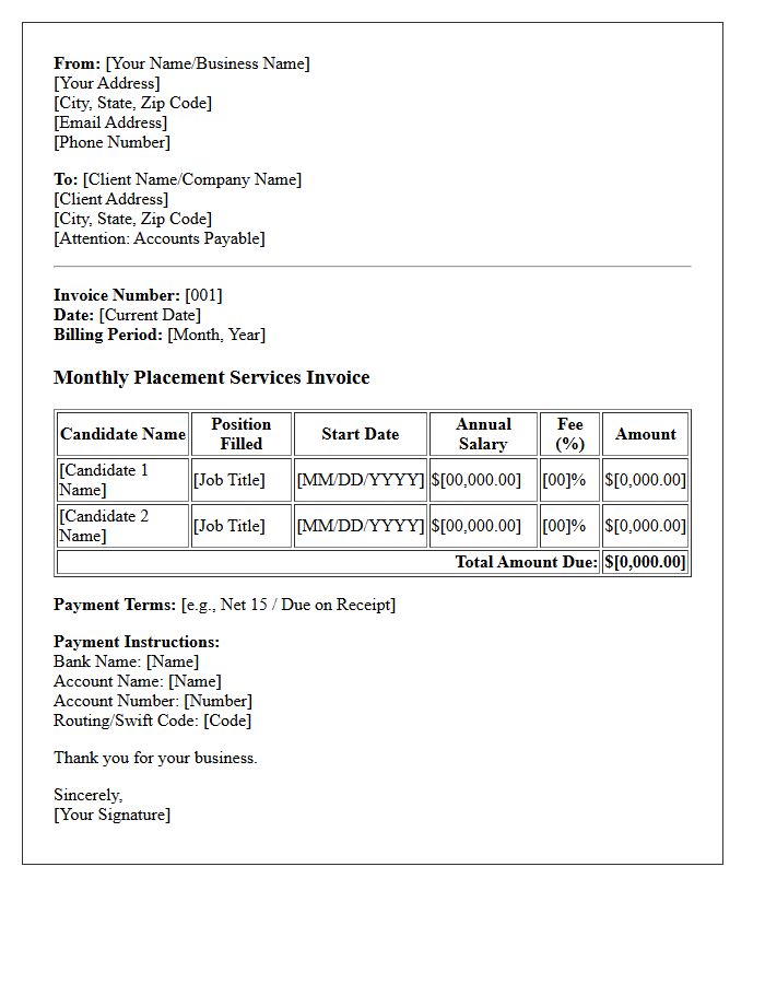 Freelance Headhunter Monthly Placement Services Invoice Letter