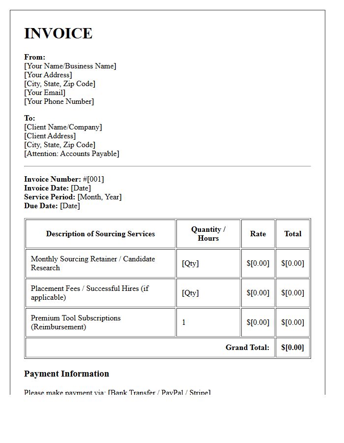 Freelance Talent Sourcer Monthly Services Invoice Letter