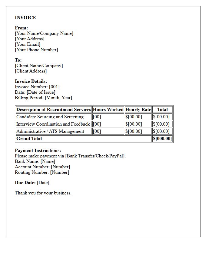 Hourly Recruitment Independent Contractor Monthly Services Invoice Letter