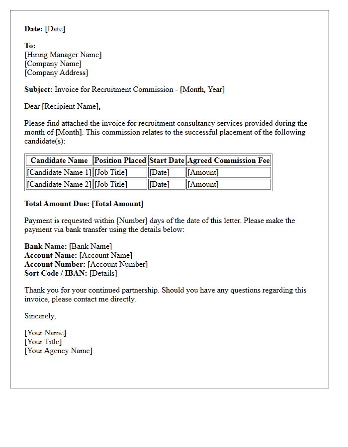 Recruitment Consultant Commission Monthly Services Invoice Letter