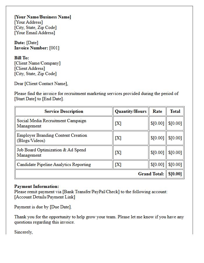 Recruitment Marketing Freelancer Monthly Services Invoice Letter