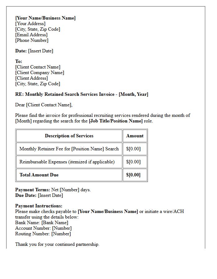 Retained Search Independent Contractor Monthly Services Invoice Letter