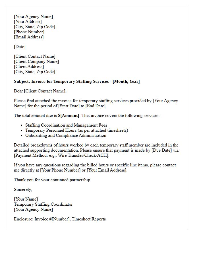 Temporary Staffing Coordinator Monthly Services Invoice Letter