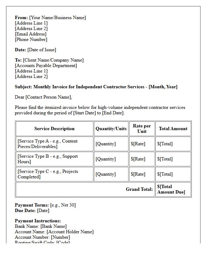 Volume Hiring Independent Contractor Monthly Services Invoice Letter